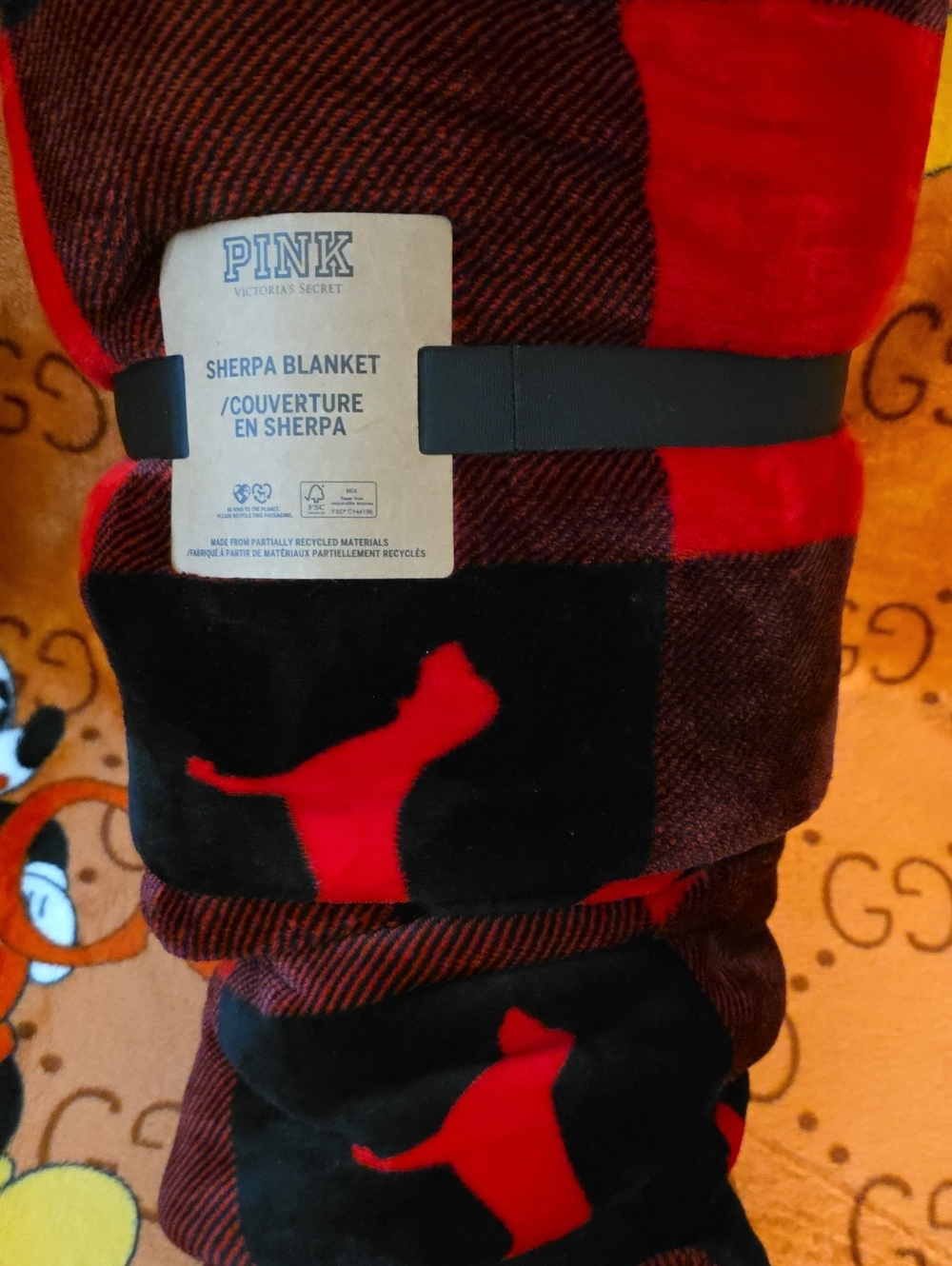 PINK Victoria's Secret Red & Black Sherpa Accent Blanket with Dog Silhouette
